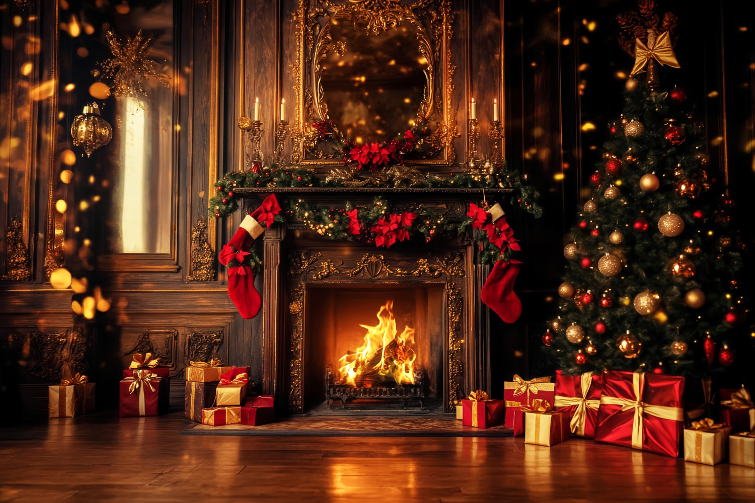 Roter Weihnachtshintergrund Goldene Kaminstrümpfe Leuchtender Weihnachtshintergrund LXX59-202