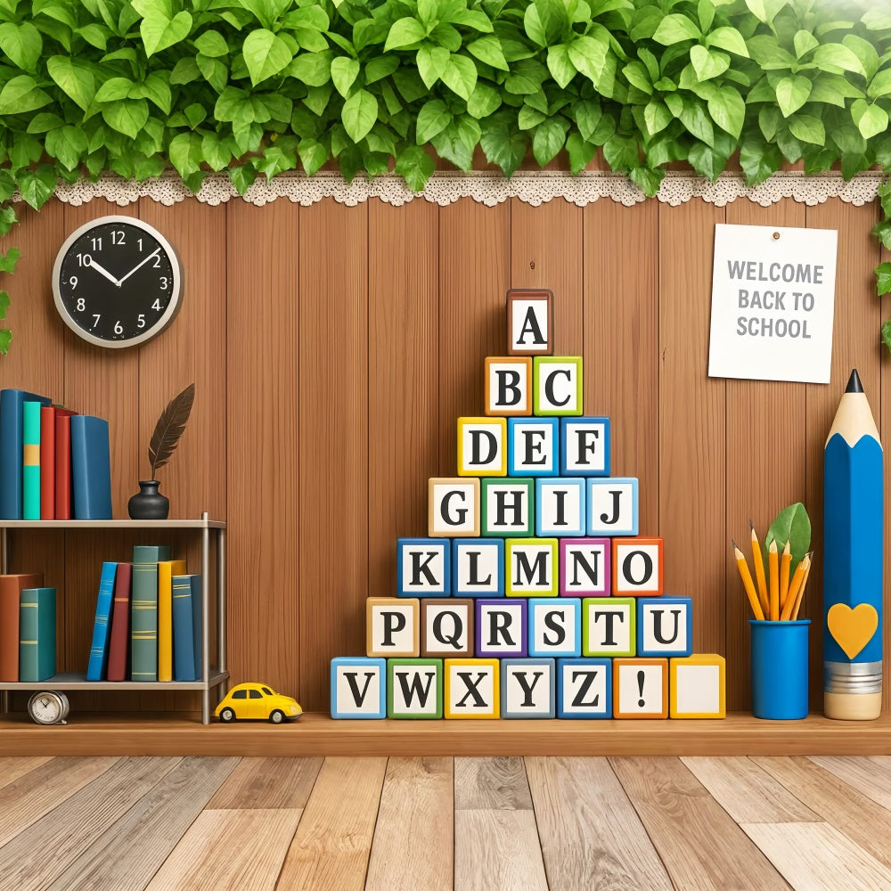 Fotohintergrund für den Schulanfang Alphabet-Blöcke Holzklassenzimmer Vorschul-Fotohintergrund LXX59-210