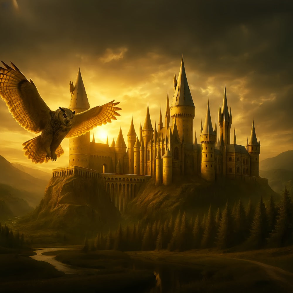 Fotohintergrund für den Schulanfang Goldenes Schloss Fliegende Eule Schulfoto-Fotohintergrund LXX59-213