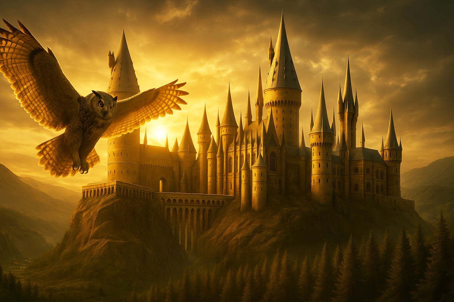 Fotohintergrund für den Schulanfang Goldenes Schloss Fliegende Eule Schulfoto-Fotohintergrund LXX59-213