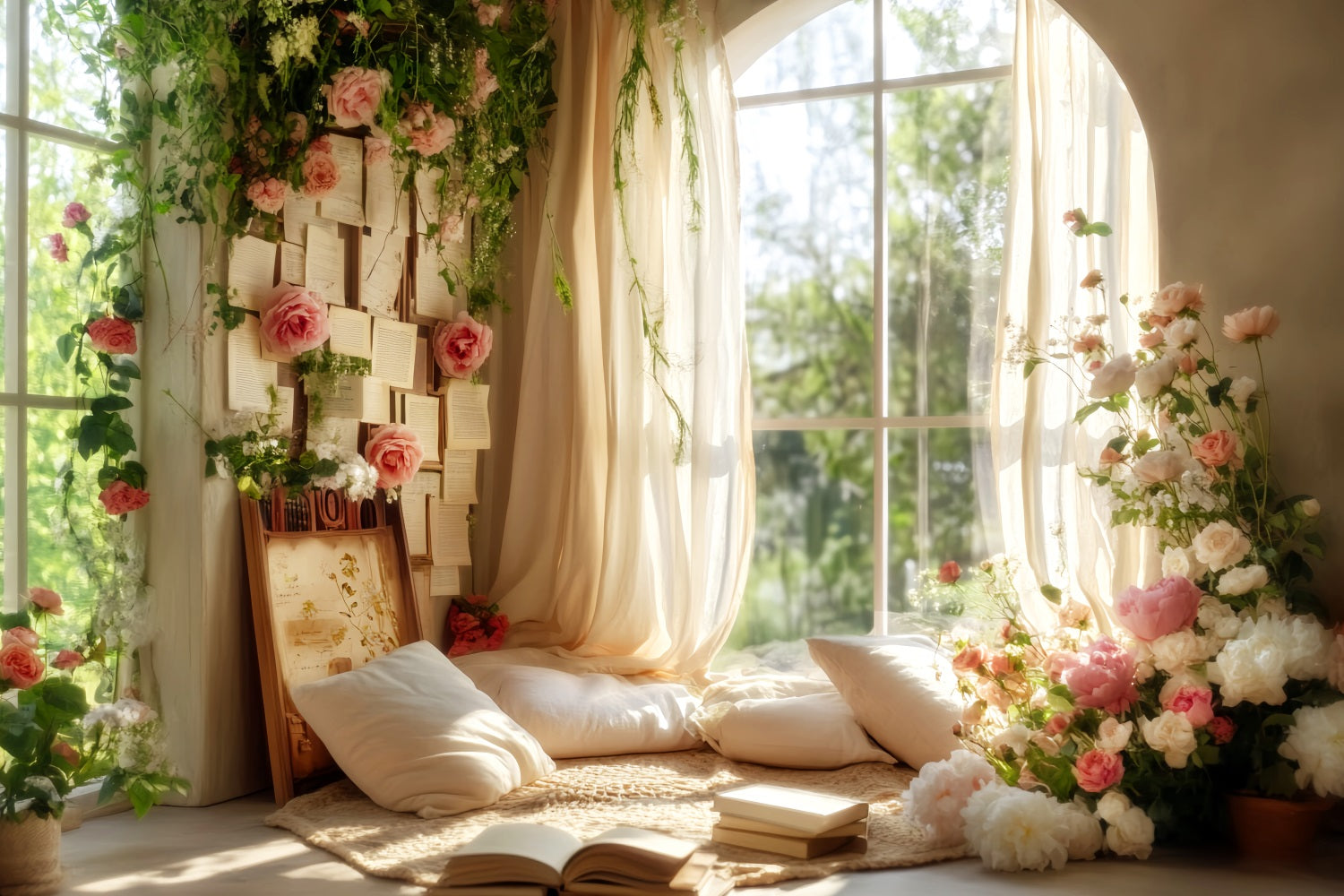 Zurück zur Schule-Studiohintergründe Fenster Leseecke Blumen Schulfoto-Fotohintergrund LXX59-223