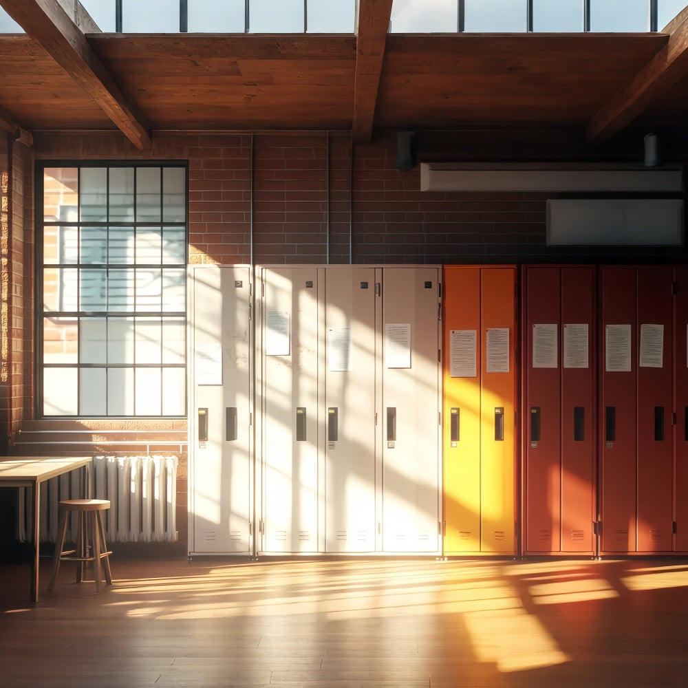 Schulflur-Fotohintergrund Heller, sonnendurchfluteter Flur mit Schließfächern Schulfoto-Fotohintergrund LXX59-235