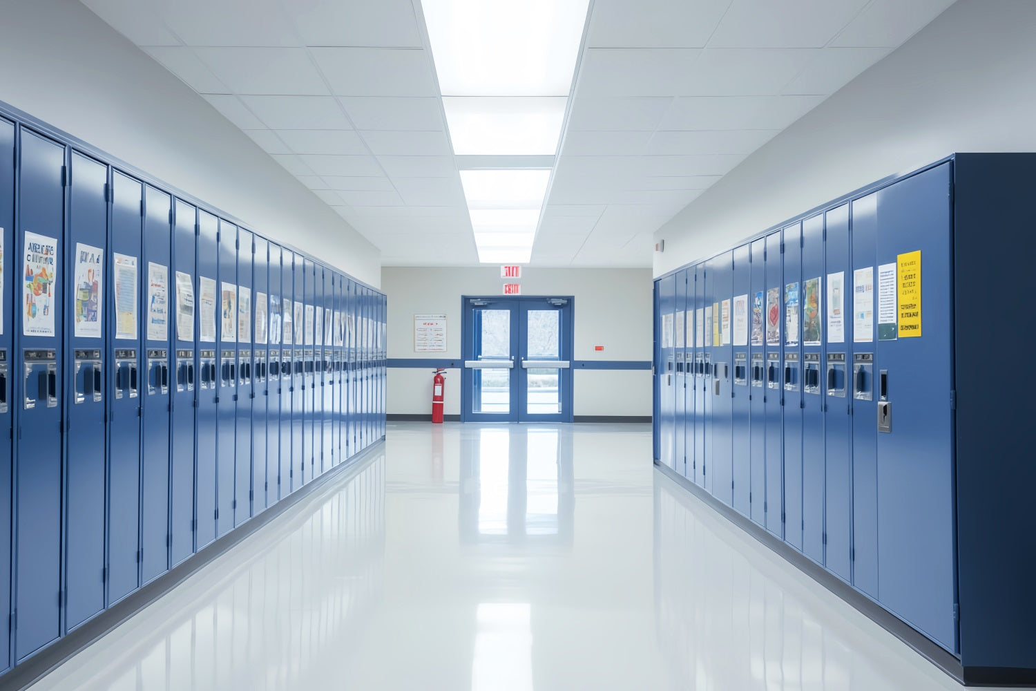 Schulflur-Fotohintergrund Heller Flur Blaue Spinde Schulspind-Fotohintergrund LXX59-239