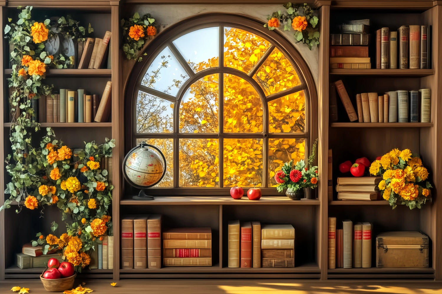 Fotohintergrund für den Schulanfang Herbst Bücherregal Fensterblick Fotohintergrund für Schulklassenraum LXX59-241
