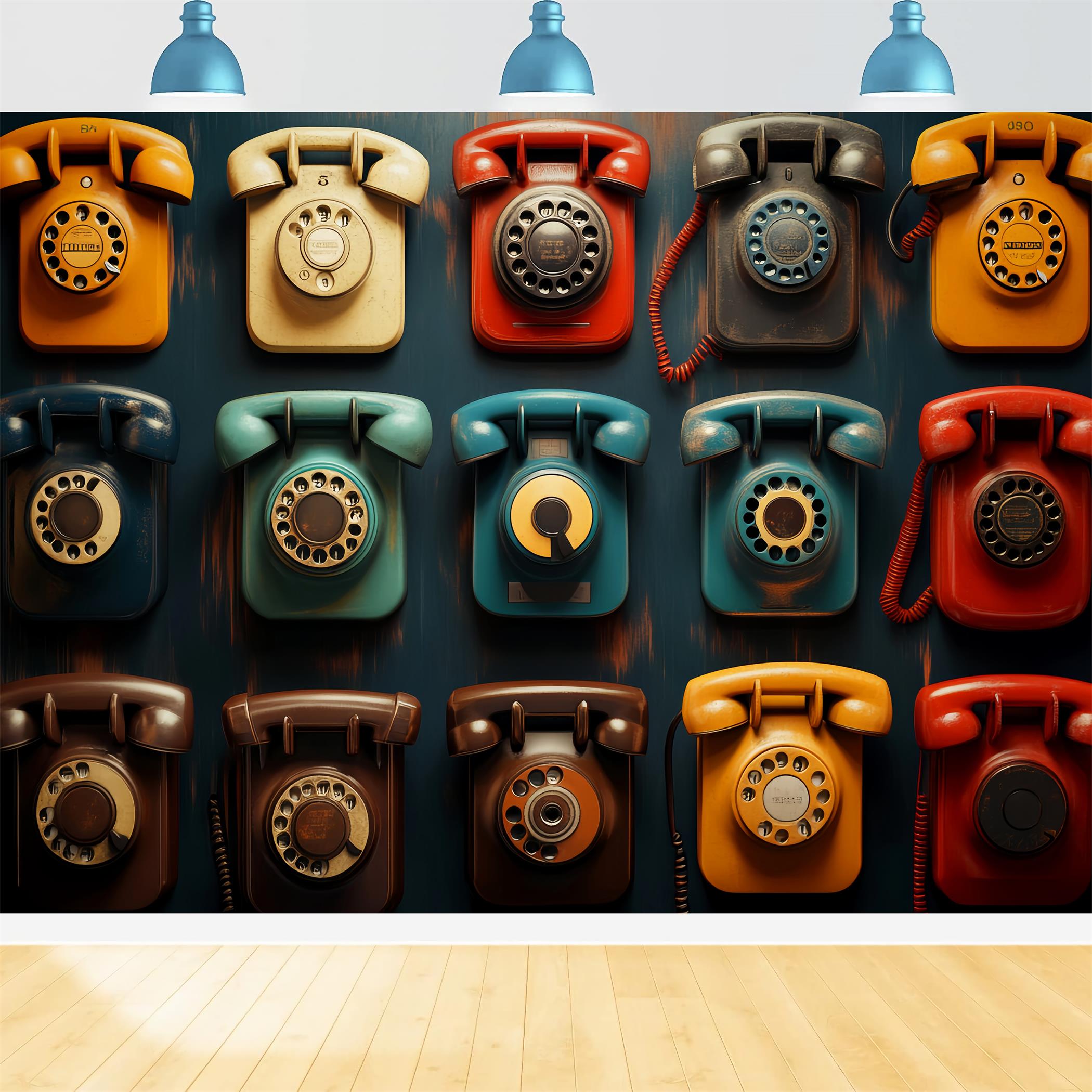 Fotohintergrund für den Schulanfang Bunte Vintage-Wählscheibentelefone Fotohintergrund für Schulfotos LXX59-242