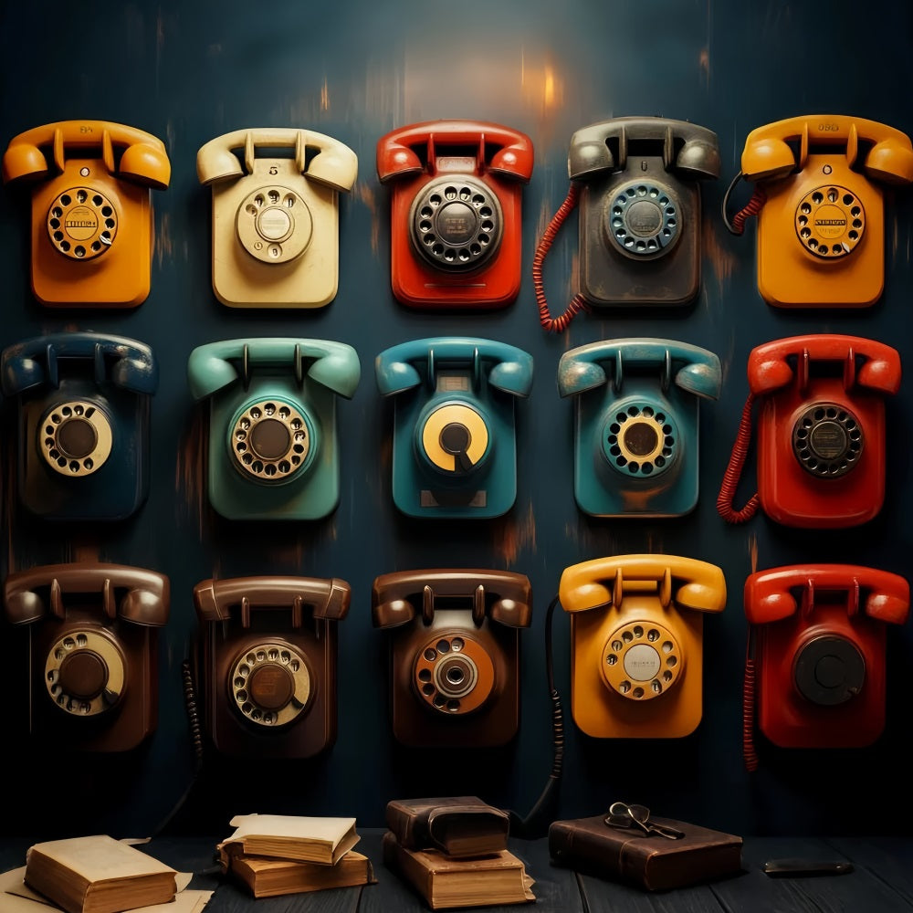 Fotohintergrund für den Schulanfang Bunte Vintage-Wählscheibentelefone Fotohintergrund für Schulfotos LXX59-242