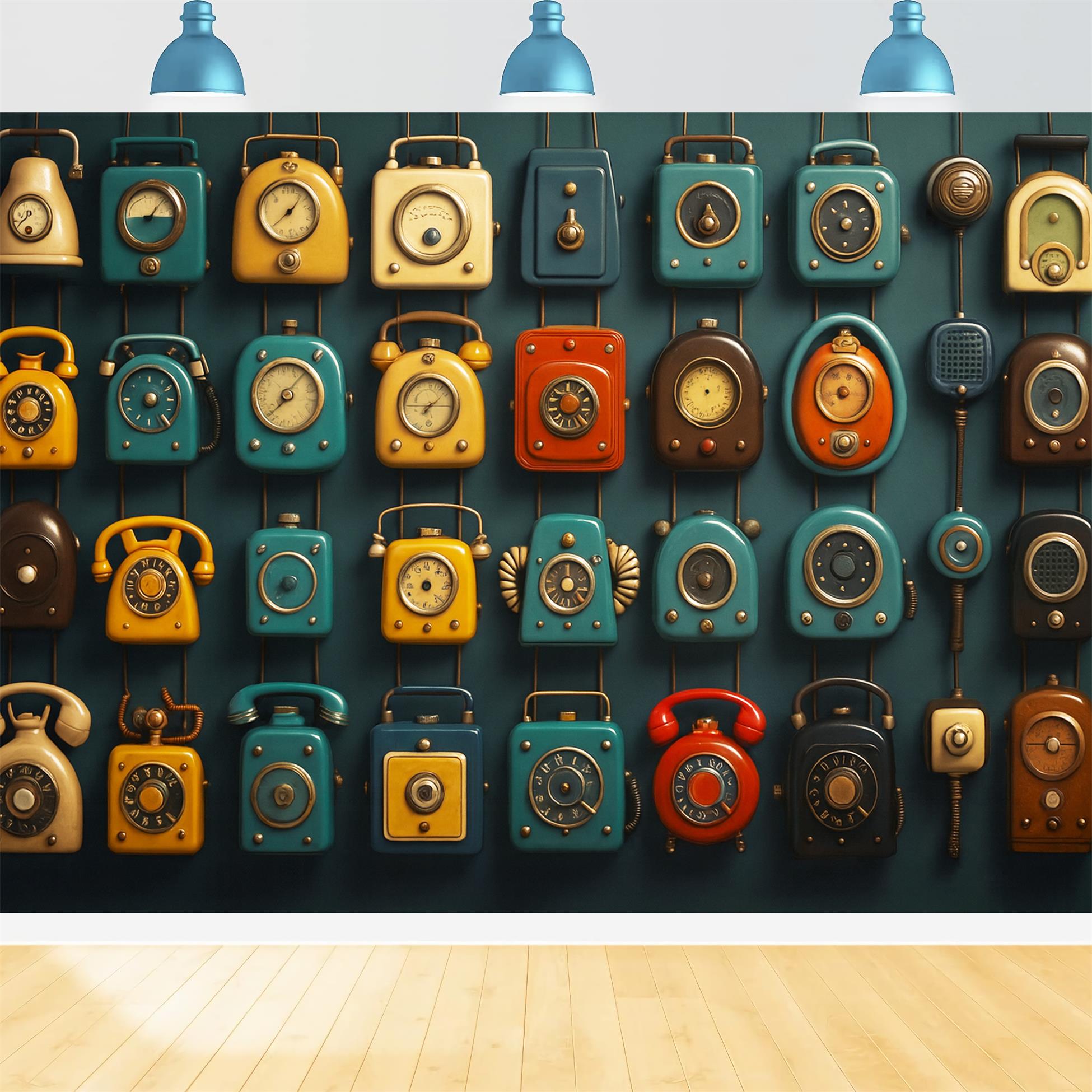 Fotohintergrund für den Schulanfang Retro-Telefon Uhr Wand Fotohintergrund für Schulanfangsfotos LXX59-243