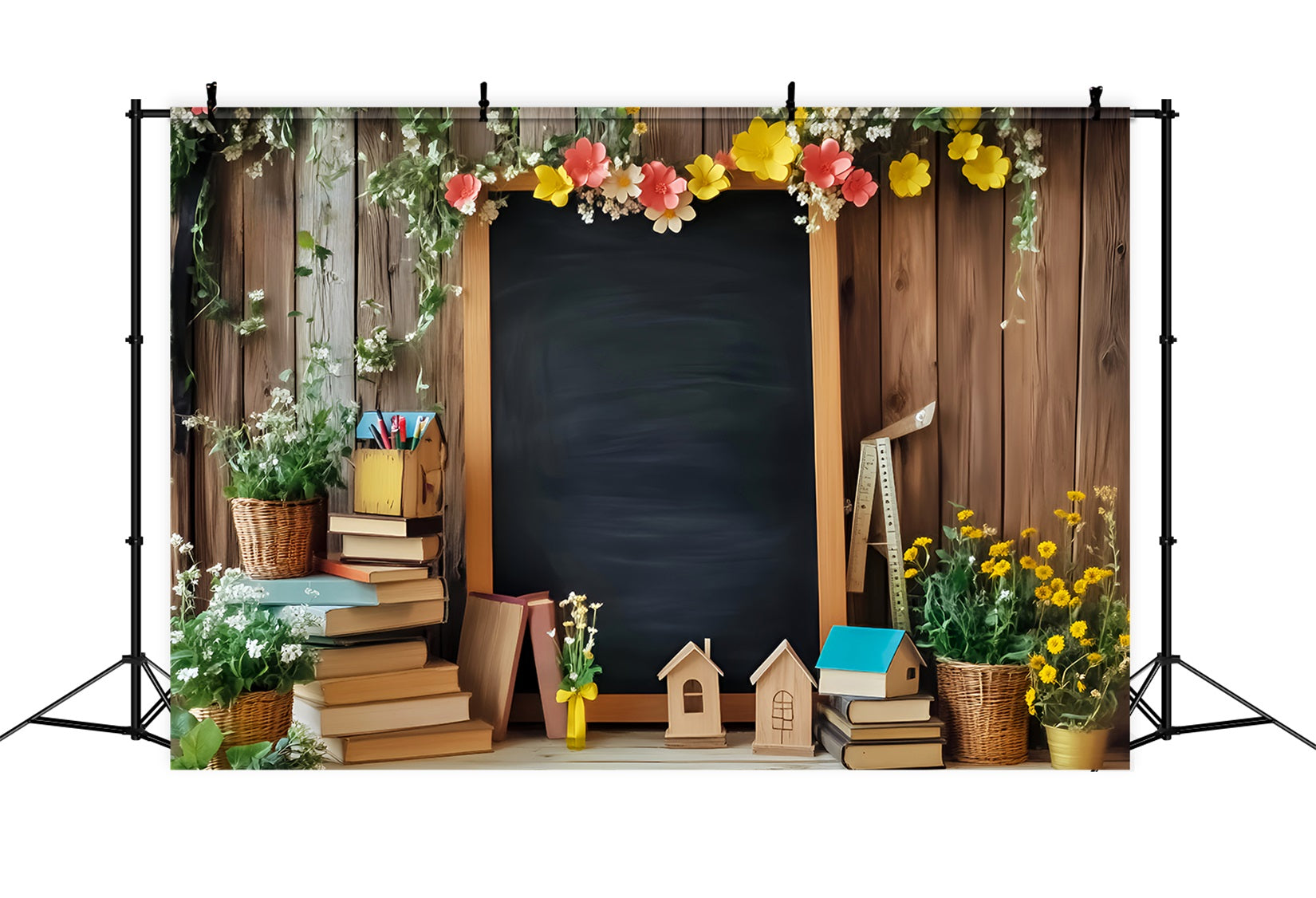 Fotohintergrund für den Schulanfang Blumen-Tafel Bücher-Display Fotohintergründe für den Schulanfang LXX59-248