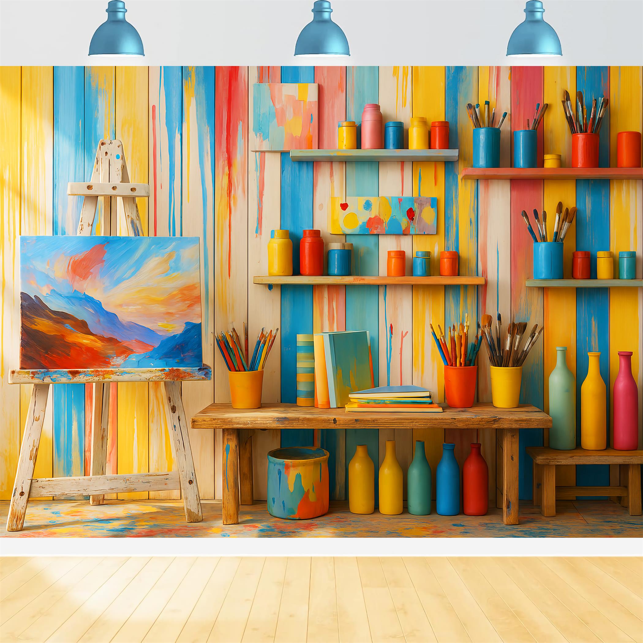 Vorschul-Fotohintergründe Bunte Malutensilien Studio Zurück zur Schule Fotohintergrund LXX59-251