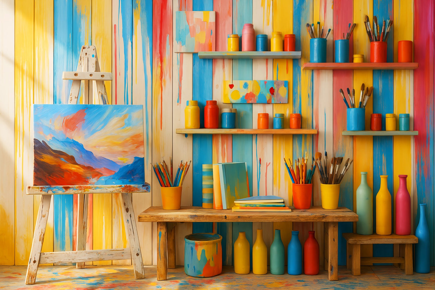 Vorschul-Fotohintergründe Bunte Malutensilien Studio Zurück zur Schule Fotohintergrund LXX59-251