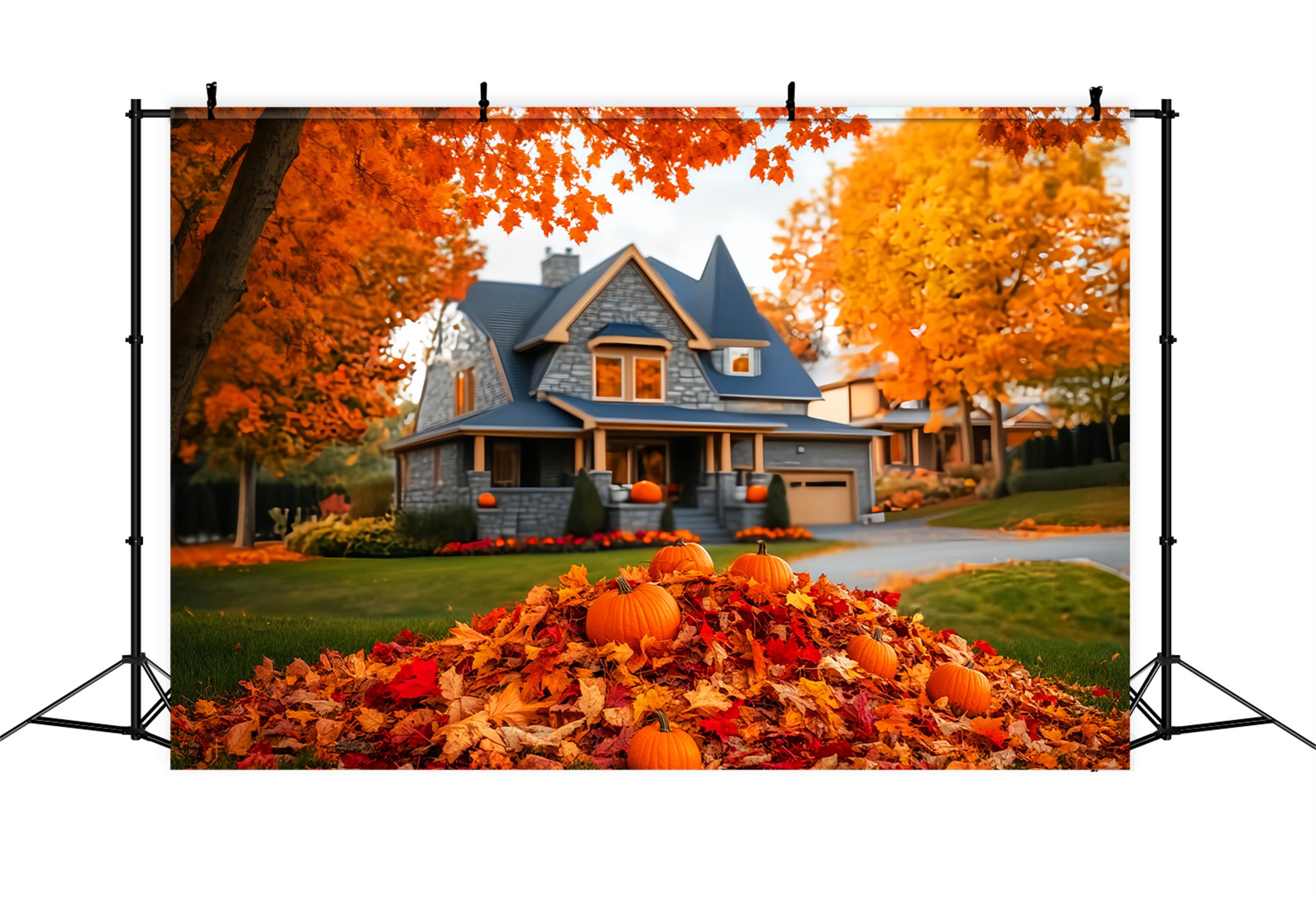 Herbstlicher Außenhintergrund Herbsthaus Kürbisstapel Herbstlaub-Fotohintergrund LXX59-288