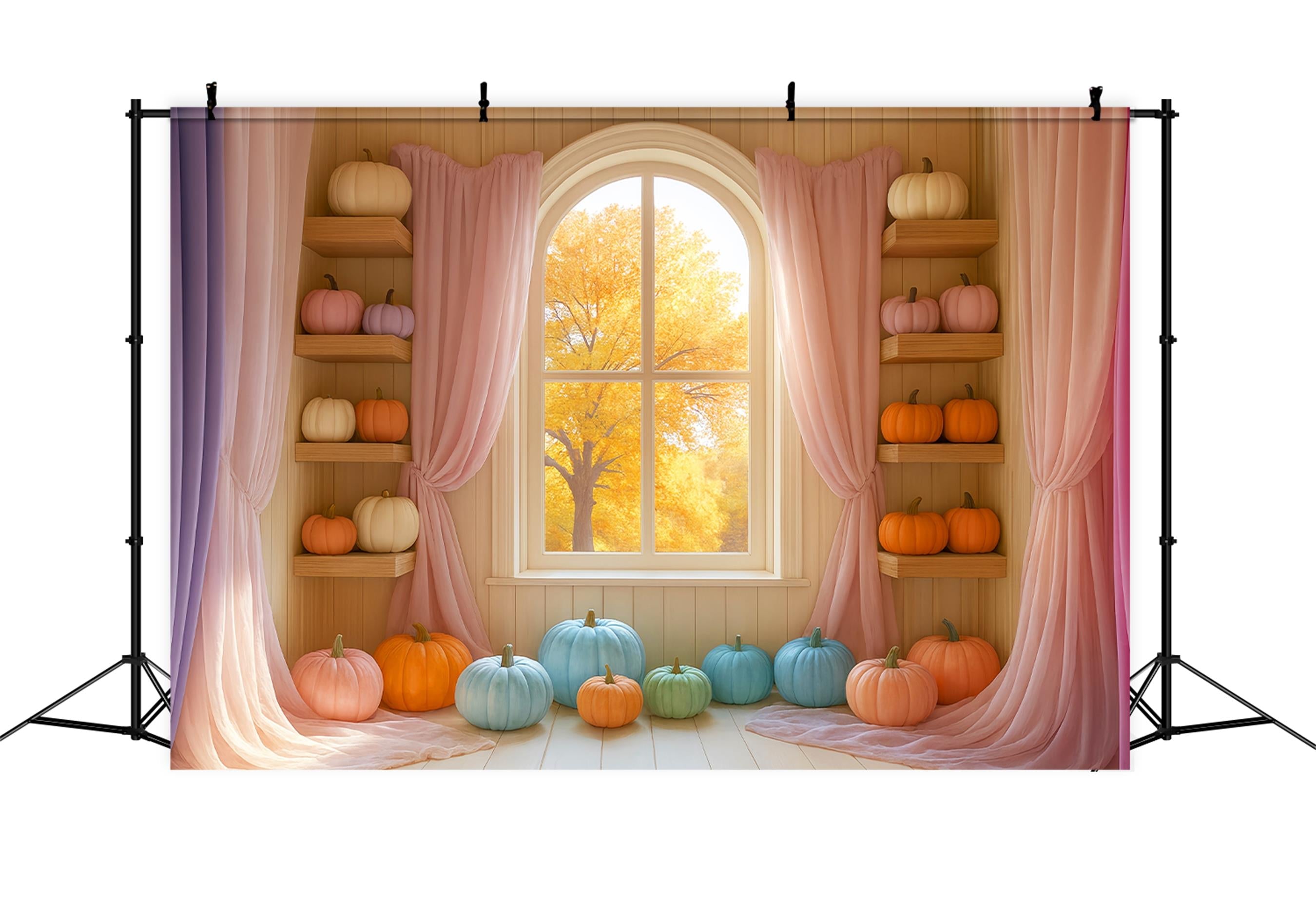 Pastellfarbener Fotohintergrund Bunte Kürbisauslage Schaufenster Herbsthintergrund LXX59-289