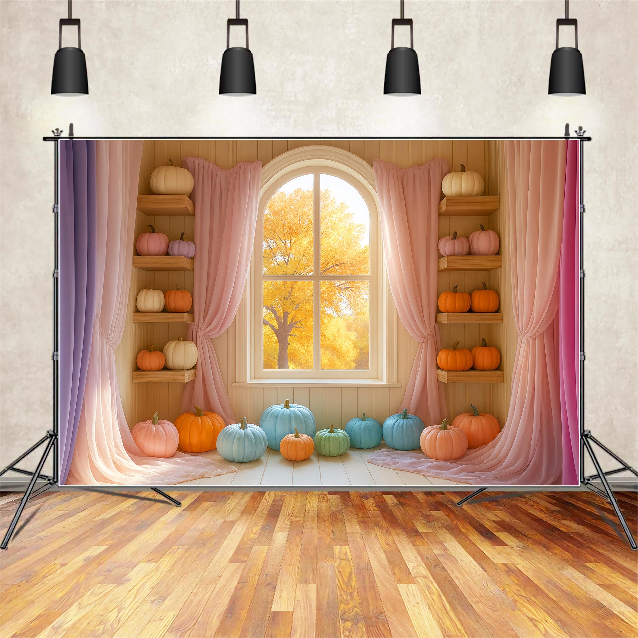 Pastellfarbener Fotohintergrund Bunte Kürbisauslage Schaufenster Herbsthintergrund LXX59-289