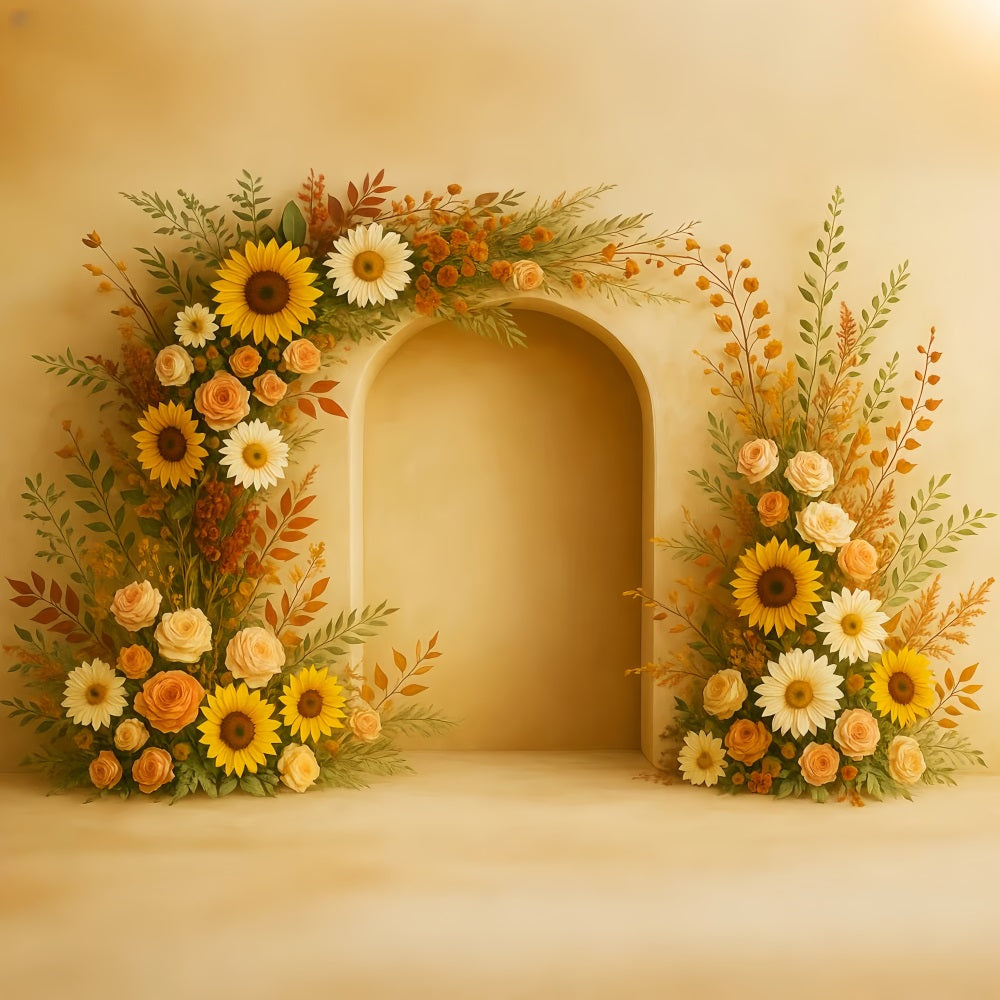 Boho-Fotohintergrund Sonnenblumenbogen Kürbisse Herbst-Fotografie-Studiohintergründe LXX59-294