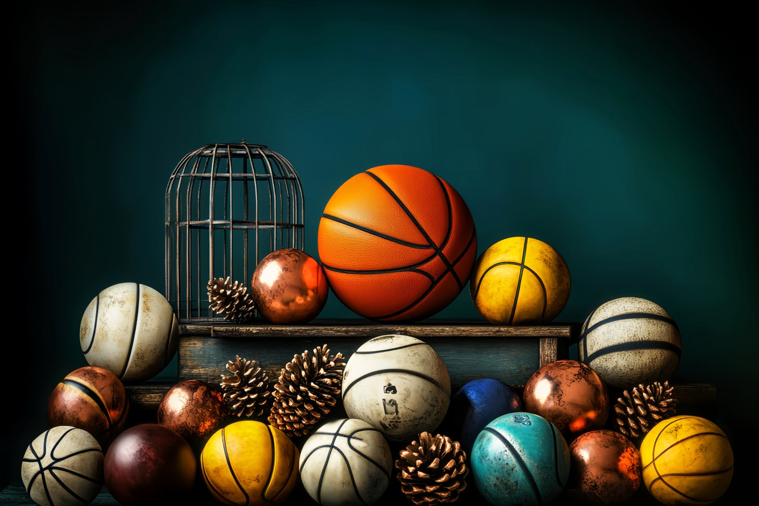 Sport-Fotohintergrund Basketball-Variation Tannenzapfen-Display Basketball-Studiohintergründe LXX59-316