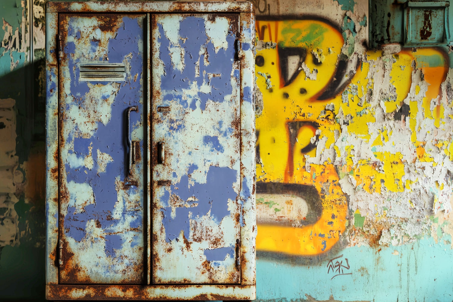 Sport-Fotohintergrund Rostiger blauer Spind Graffiti Sport-Studiohintergründe für Fotografie LXX59-346