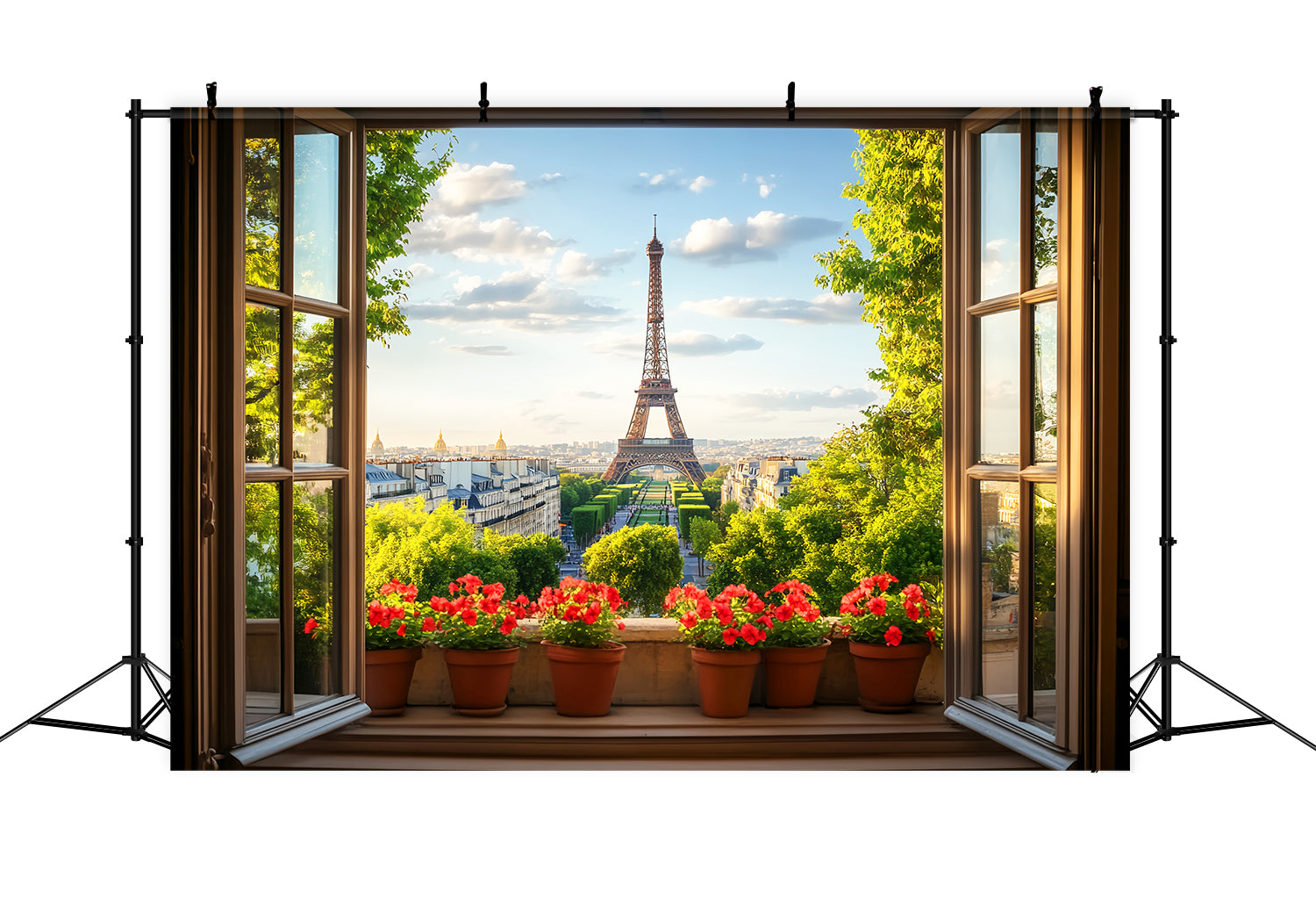Paris-Hintergründe Fensterblick Rote Blumen Eiffelturm Paris-Fotohintergrundideen LXX59-71