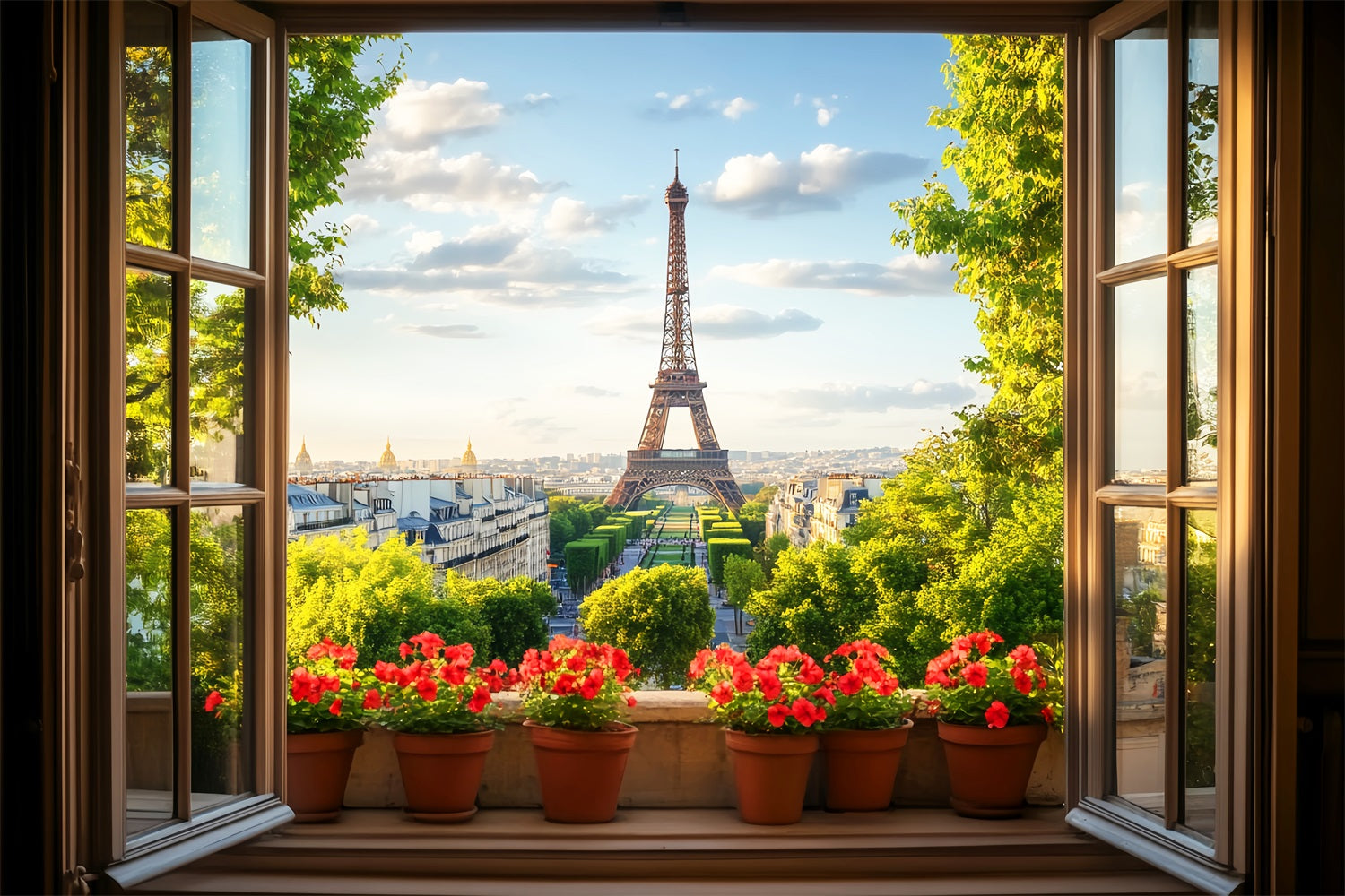 Paris-Hintergründe Fensterblick Rote Blumen Eiffelturm Paris-Fotohintergrundideen LXX59-71