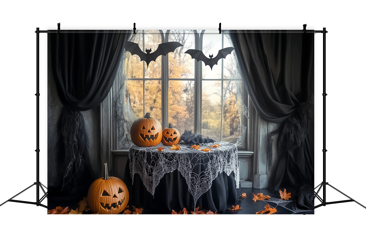 Fledermaus Fotohintergrund Spinnennetz Tisch Kürbis-Fledermäuse Halloween-Fotokabinen Fotohintergrund LXX59-83