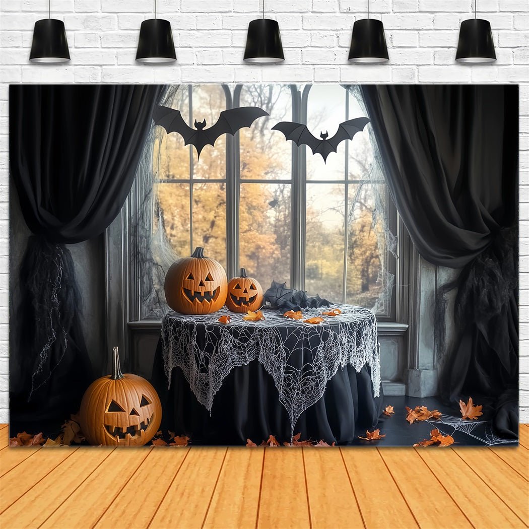 Fledermaus Fotohintergrund Spinnennetz Tisch Kürbis-Fledermäuse Halloween-Fotokabinen Fotohintergrund LXX59-83