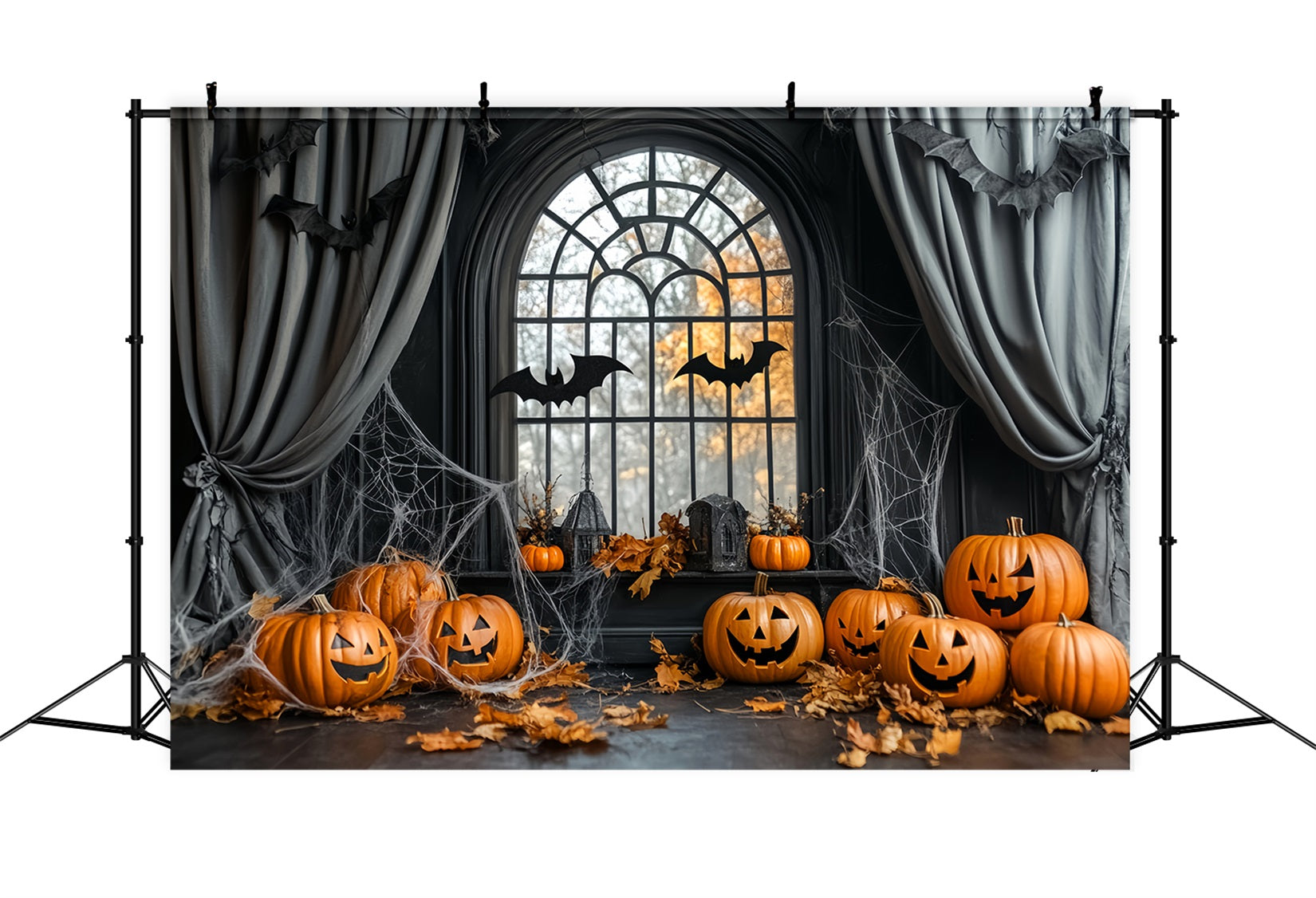 Halloween Spinnen Fotohintergrund Kürbis-Fledermäuse Spinnennetz-Fenster Halloween-Hintergründe LXX59-84
