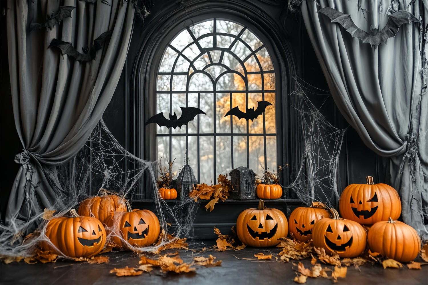 Halloween Spinnen Fotohintergrund Kürbis-Fledermäuse Spinnennetz-Fenster Halloween-Hintergründe LXX59-84