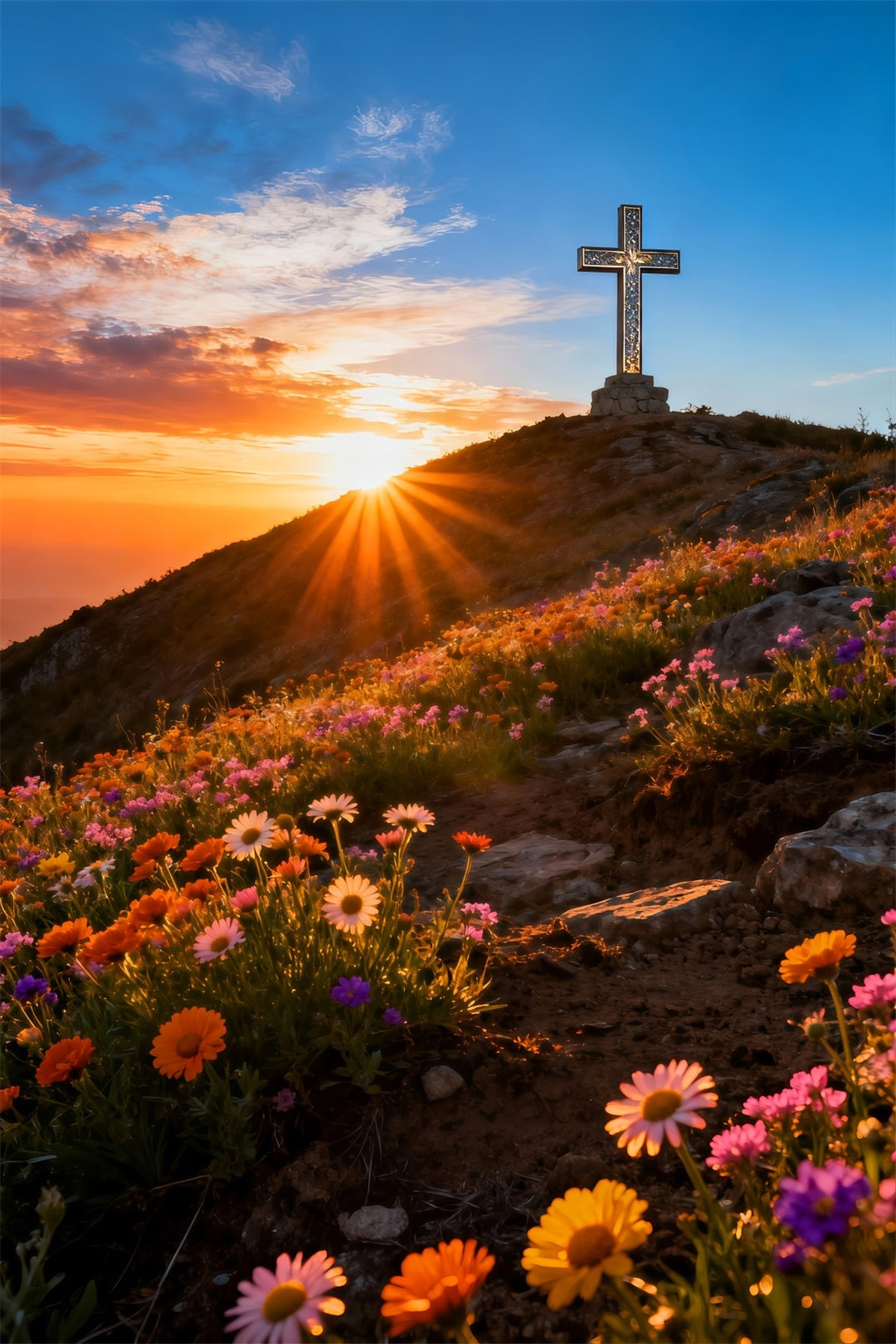 Kreuz und Lilien Hintergrund Hügel Sonnenaufgang Wildblumen Frohe Ostern Hintergrund LXX61-107