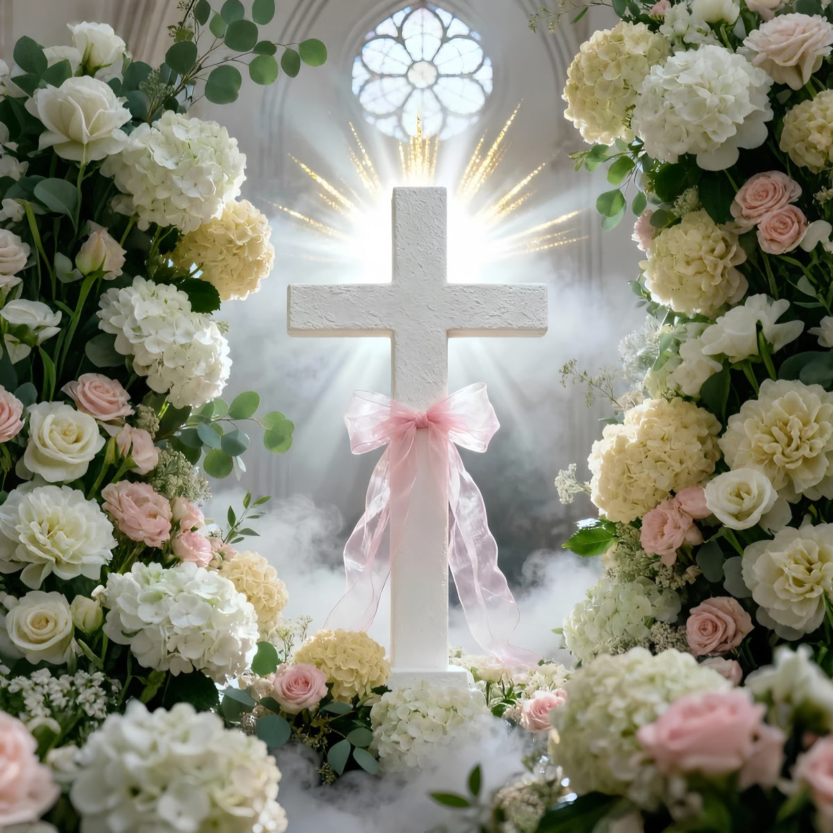 Kreuz und Lilien Hintergrund Kirchenfenster Rosa Schleifenblumen Frohe Ostern Hintergrund LXX61-108