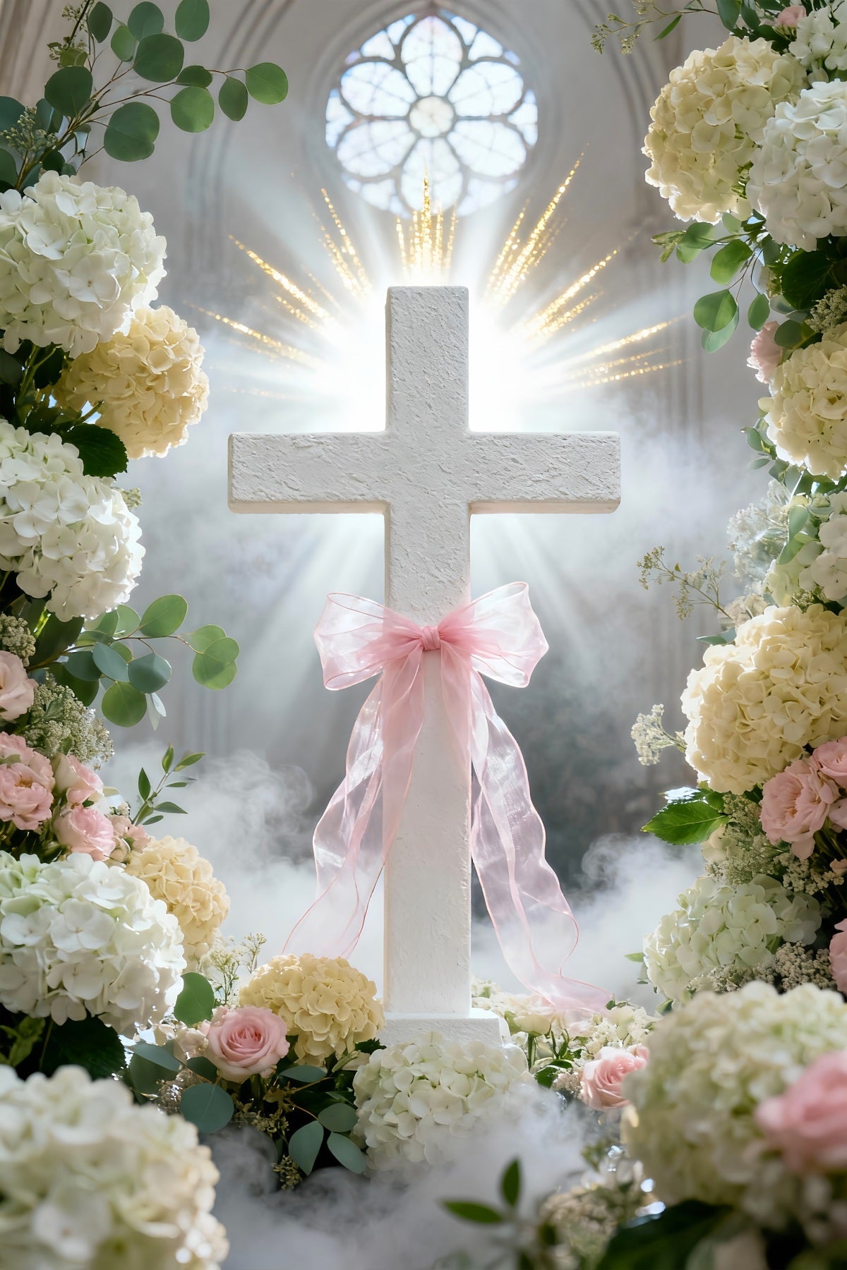 Kreuz und Lilien Hintergrund Kirchenfenster Rosa Schleifenblumen Frohe Ostern Hintergrund LXX61-108