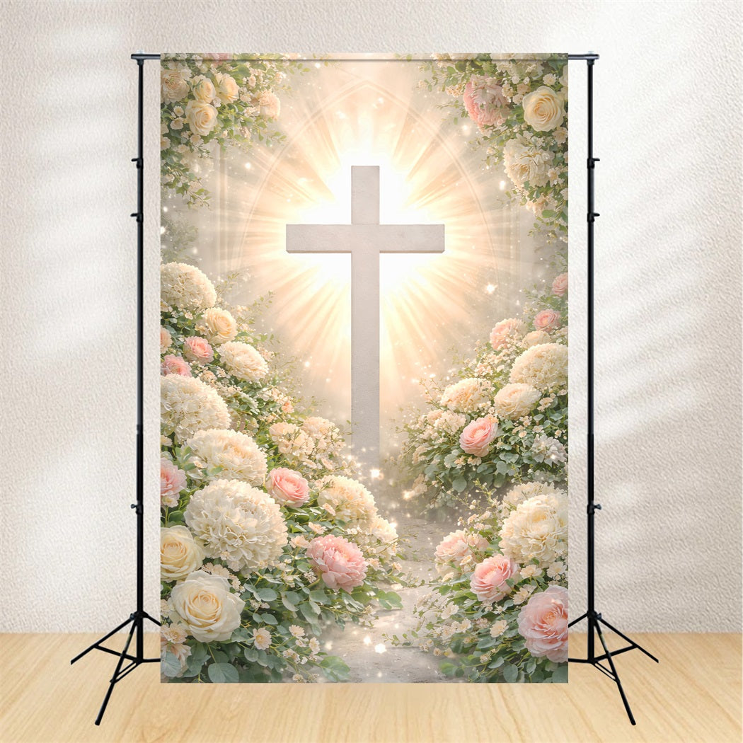 Kreuz und Lilien Hintergrund Blumenbogen Religiöse Sonnenstrahlen Frohe Ostern Hintergrund LXX61-109