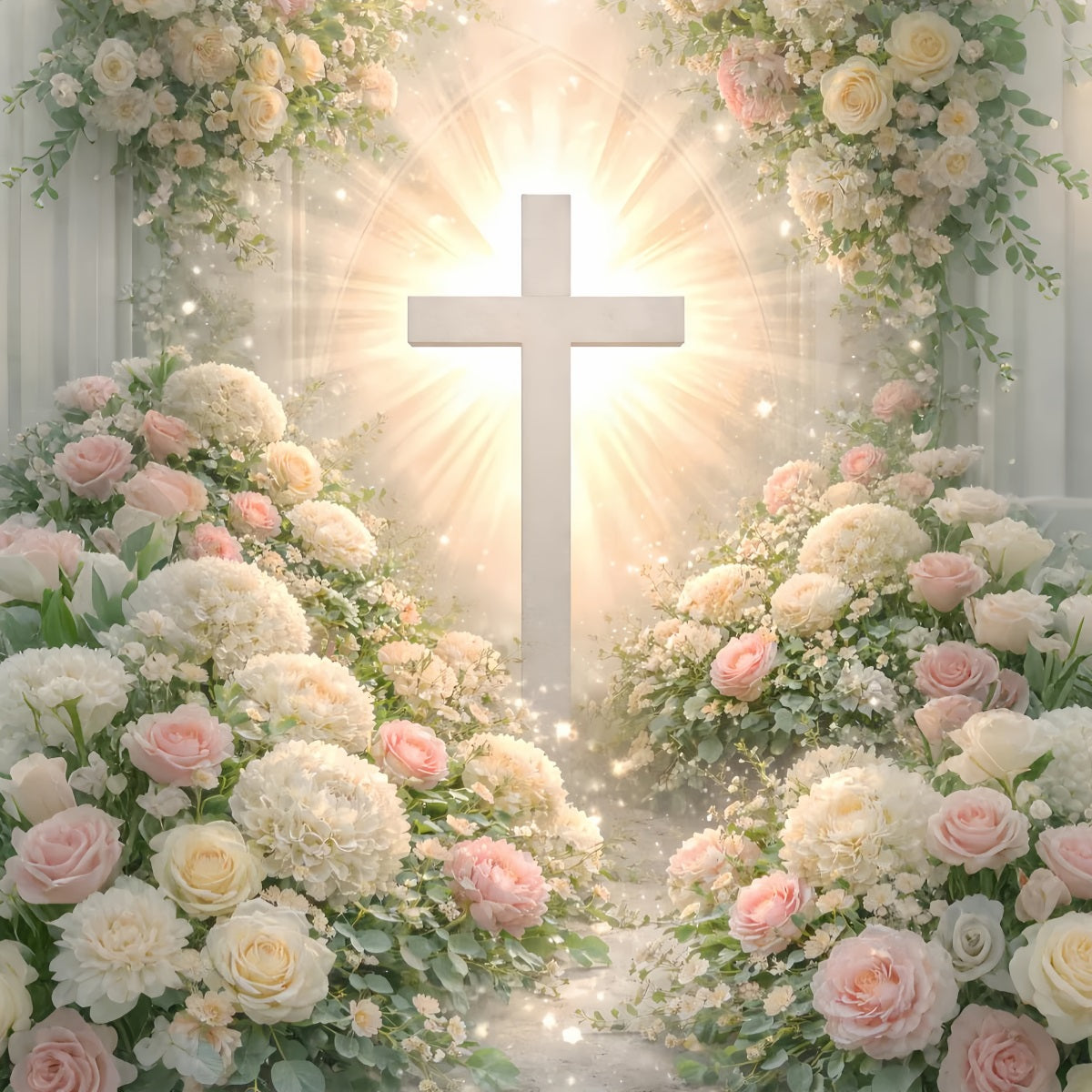 Kreuz und Lilien Hintergrund Blumenbogen Religiöse Sonnenstrahlen Frohe Ostern Hintergrund LXX61-109