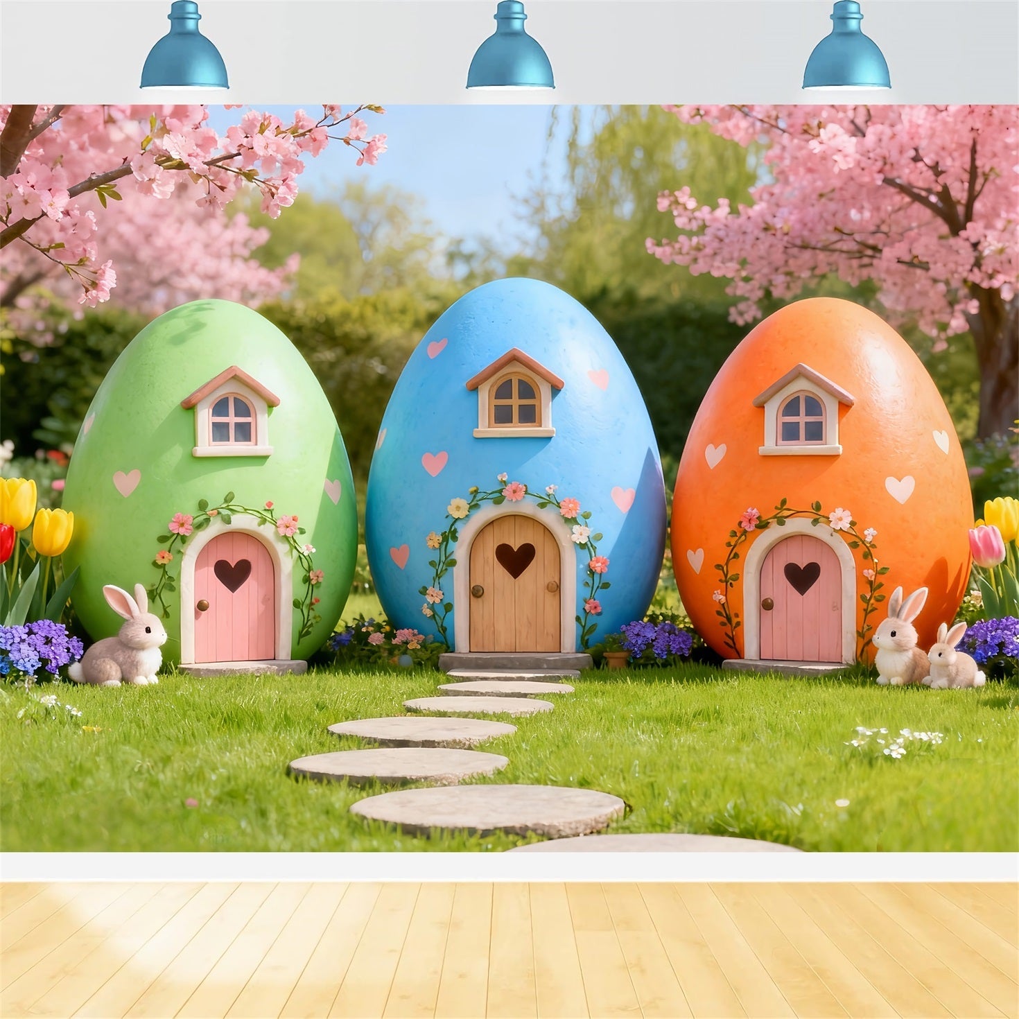 Osterhasen-Hintergrund Niedliches Haus Hase Kirschblüte Tulpen-Hintergrund Ostern LXX61-114