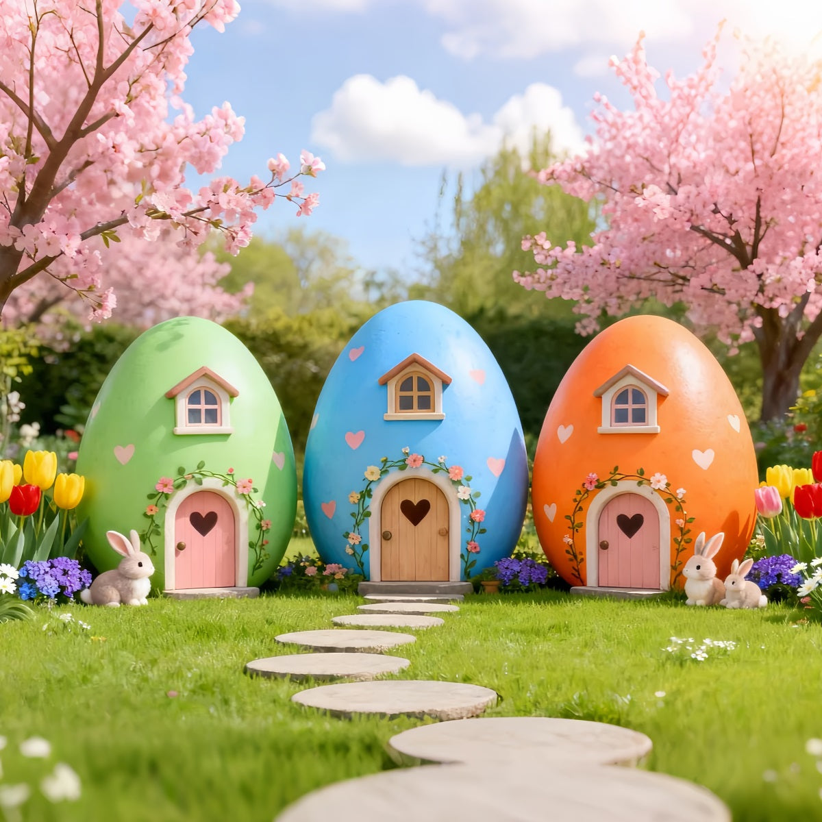 Osterhasen-Hintergrund Niedliches Haus Hase Kirschblüte Tulpen-Hintergrund Ostern LXX61-114