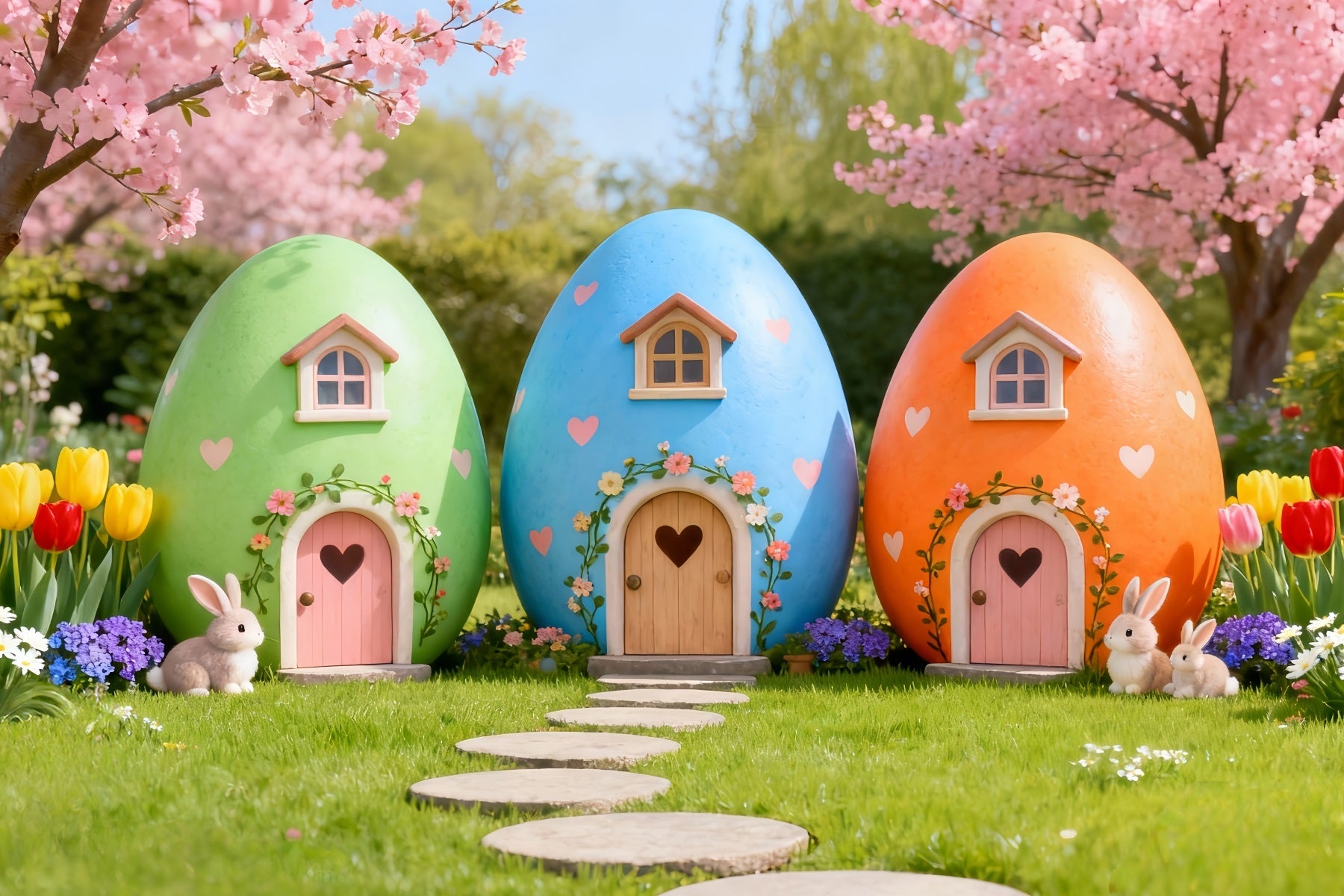 Osterhasen-Hintergrund Niedliches Haus Hase Kirschblüte Tulpen-Hintergrund Ostern LXX61-114