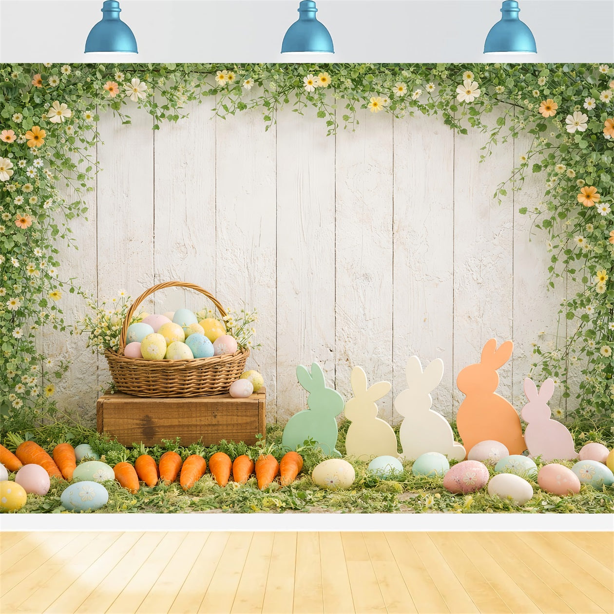 Osterhasen-Silhouette-Hintergrund Karottenbündel Eierkorb-Hintergrund für Ostern LXX61-115