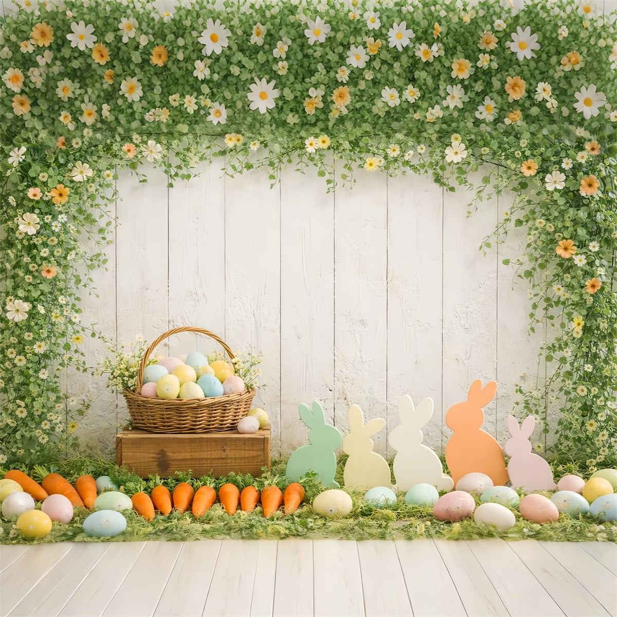 Osterhasen-Silhouette-Hintergrund Karottenbündel Eierkorb-Hintergrund für Ostern LXX61-115