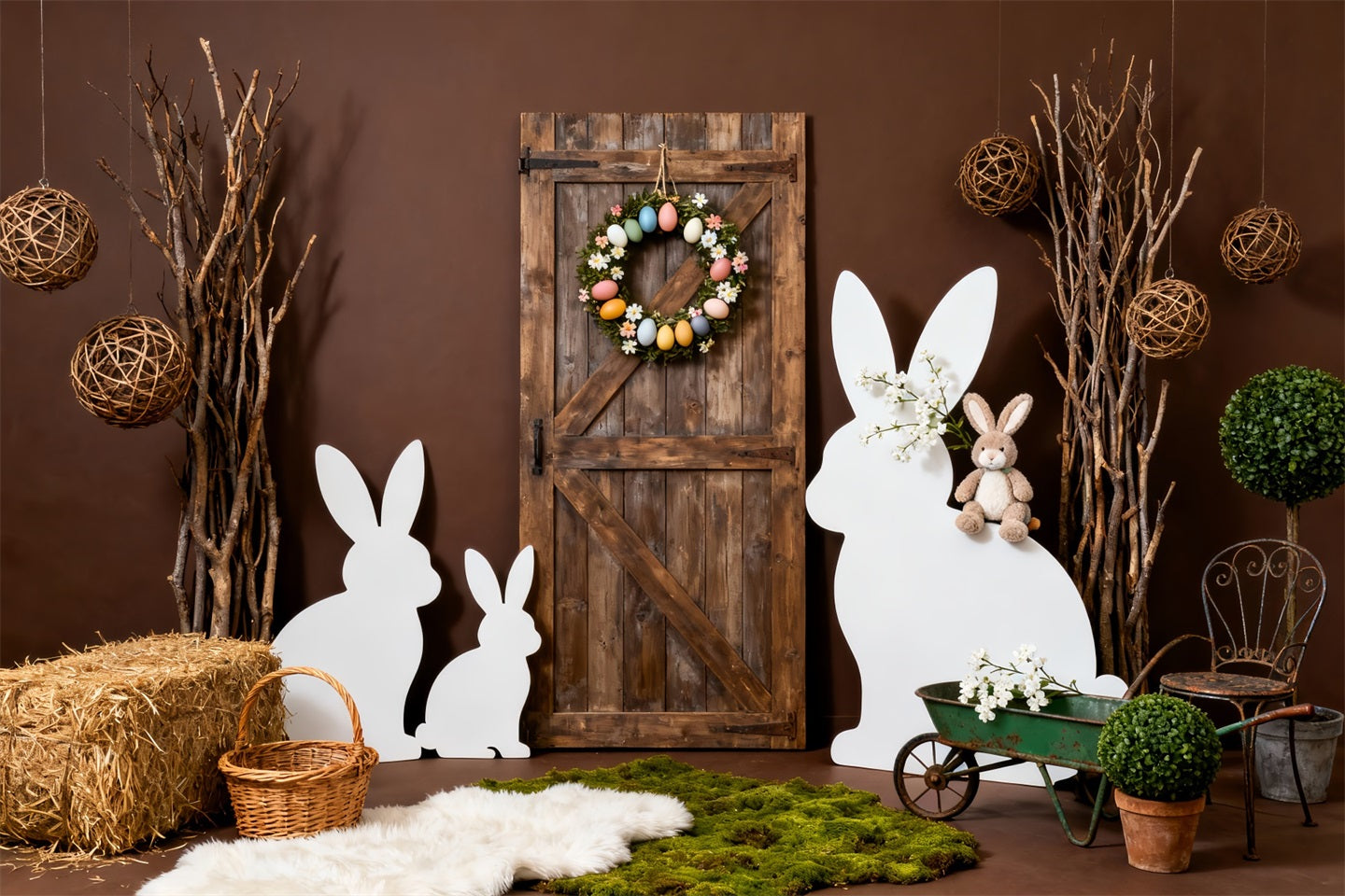 Osterhasen-Silhouette-Hintergrund Rustikaler Holztür-Kranz-Hintergrund für Ostern LXX61-116