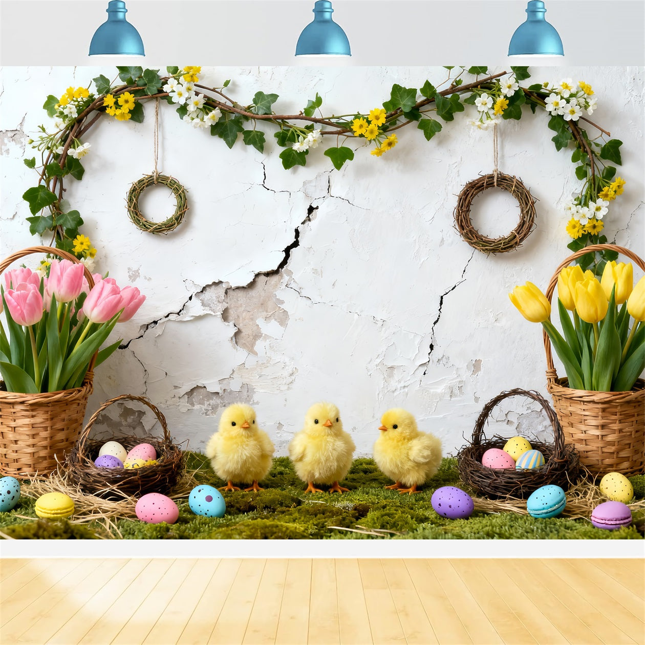 Hintergrund mit Osterküken, Tulpen, Eiern, Körben und Kranz für Ostern LXX61-119