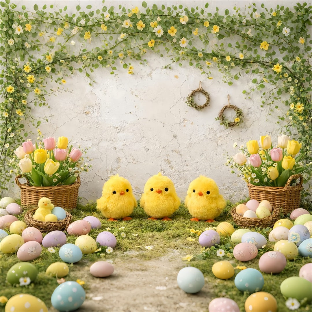 Hintergrund mit Osterküken, Tulpen, Eiern und Blumenbogen für Ostern LXX61-120
