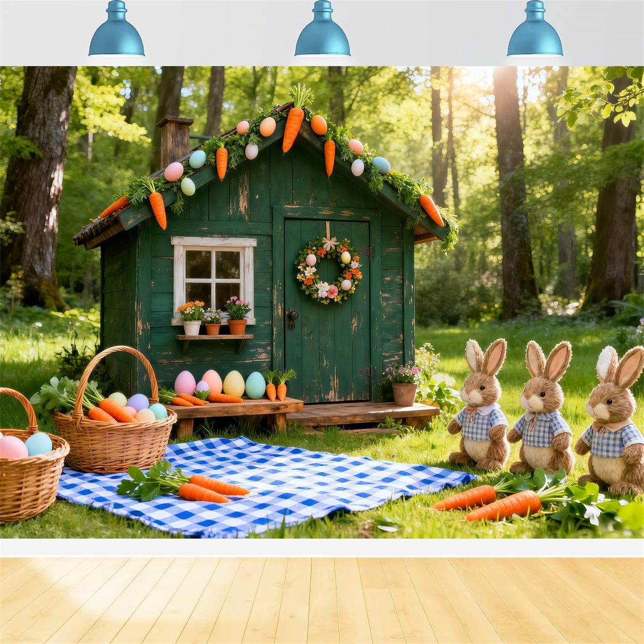 Osterkarotten-Hintergrund Grüne Hütte Hasen Karotten Picknick Osterfotografie-Hintergrund LXX61-122