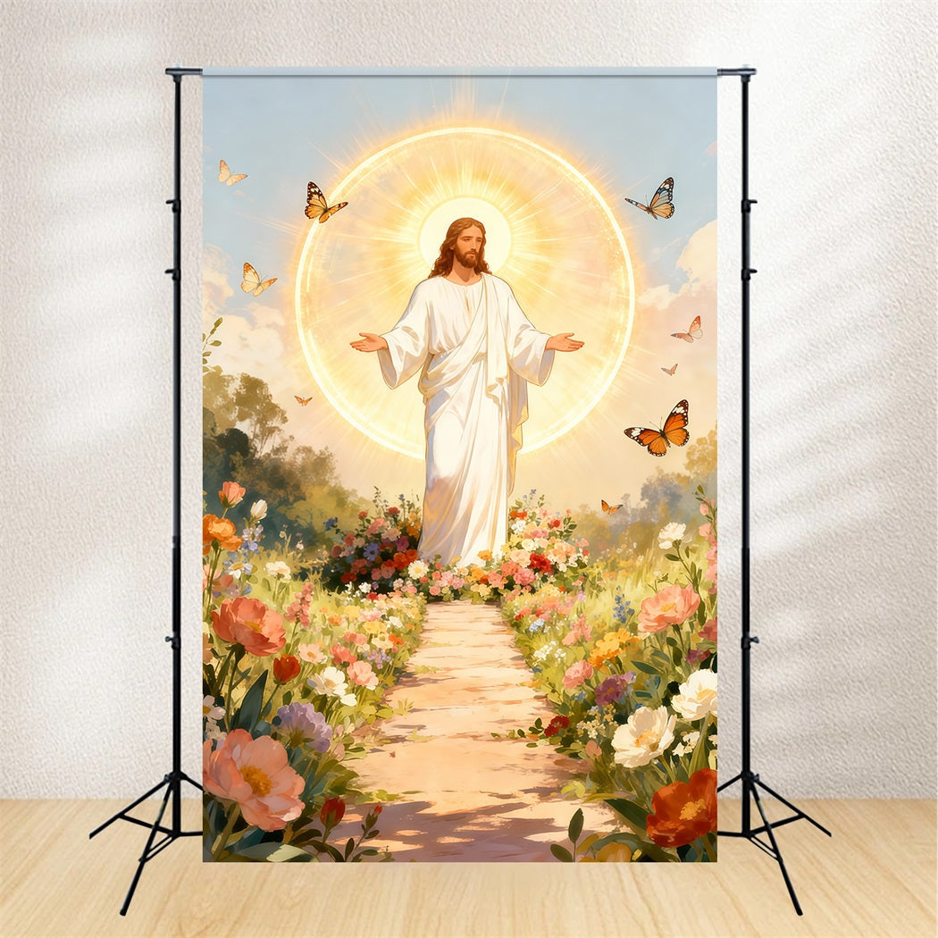 Christlicher Oster-Hintergrund Er ist auferstanden Schmetterlingsblüte Oster-Fotohintergründe LXX61-147