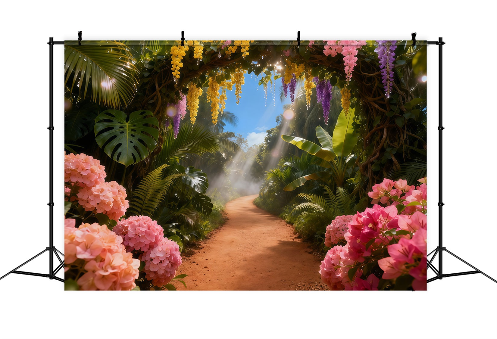 Gartenhintergrund Sonniger tropischer Blumenweg Frühlingsfotohintergrund LXX61-152