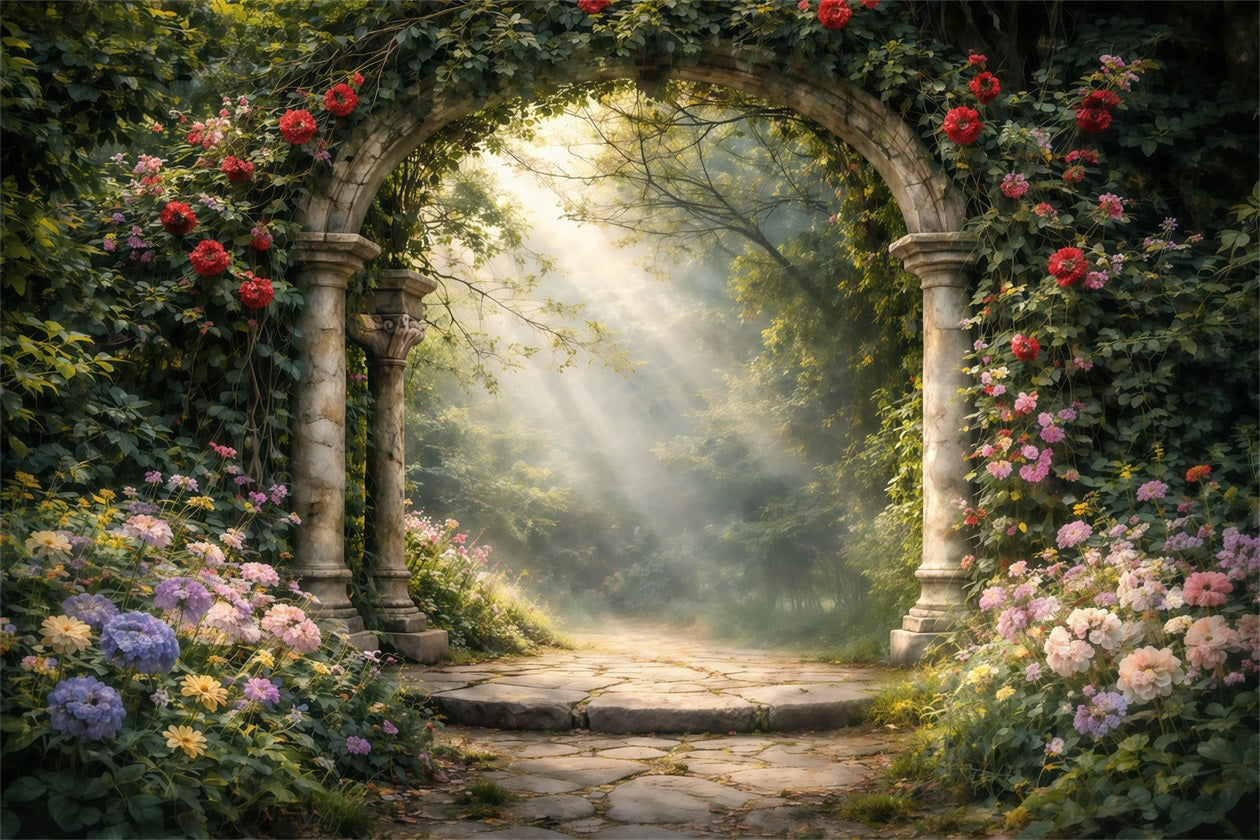 Verzauberter Gartenhintergrund Romantischer Steinbogen Wildblumen Frühlingshintergründe LXX61-154