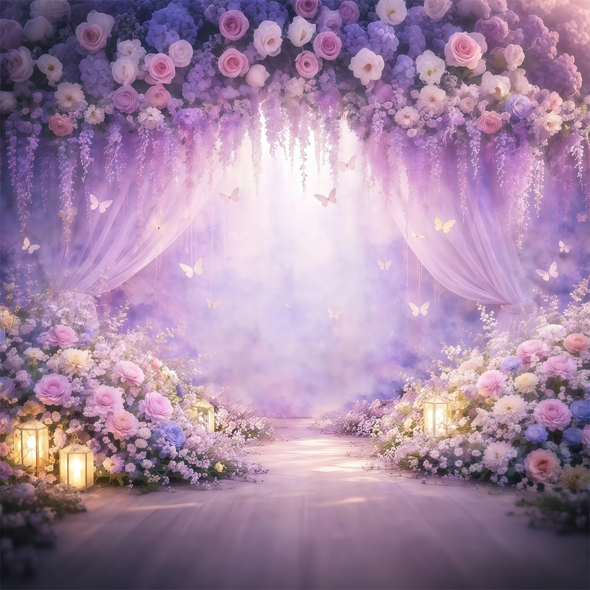 Schmetterlings-Fotohintergrund Lavendelblüten Lila Vorhang Frühlingsfotohintergründe LXX61-158