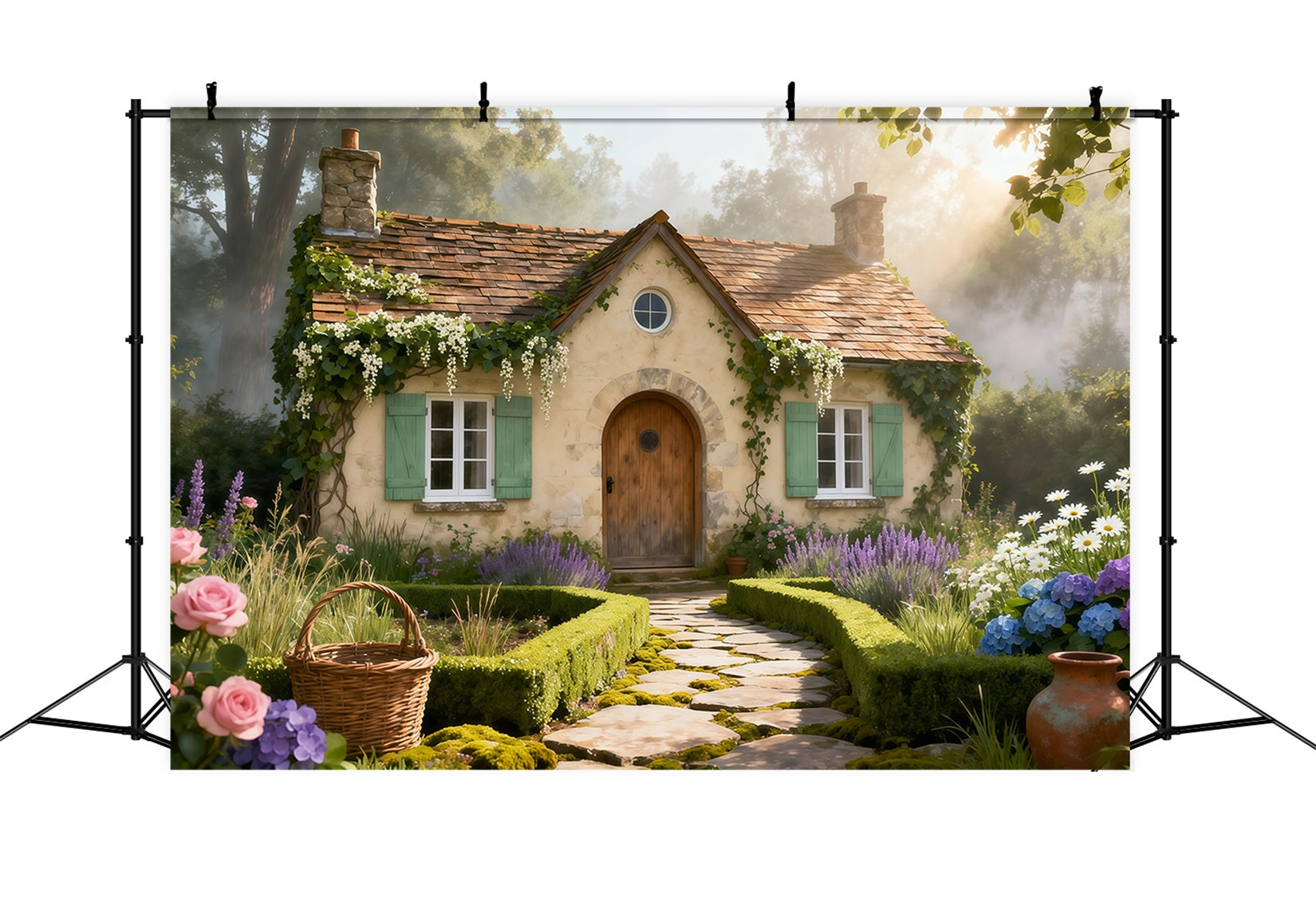 Englischer Garten-Hintergrund Rustikales Cottage Steinweg Frühlings-Fotohintergrund LXX61-168