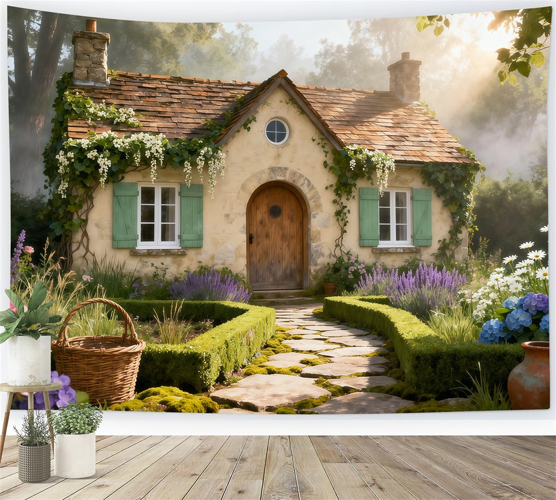 Englischer Garten-Hintergrund Rustikales Cottage Steinweg Frühlings-Fotohintergrund LXX61-168