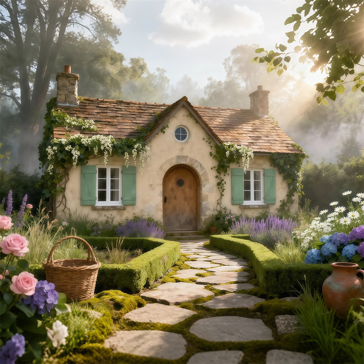 Englischer Garten-Hintergrund Rustikales Cottage Steinweg Frühlings-Fotohintergrund LXX61-168