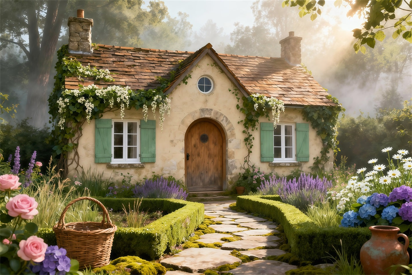 Englischer Garten-Hintergrund Rustikales Cottage Steinweg Frühlings-Fotohintergrund LXX61-168