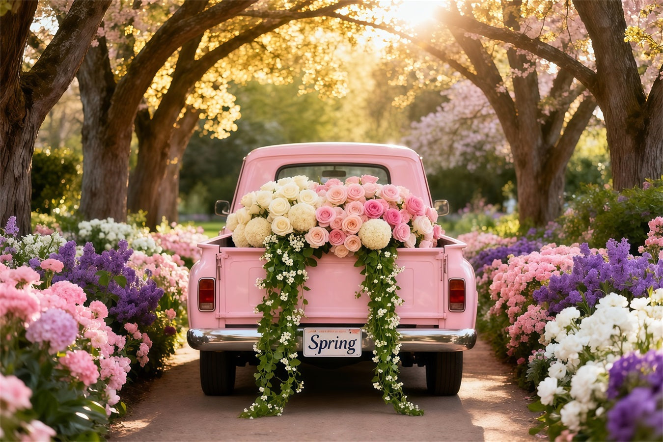 Ideen für Gartenhintergründe Blütentunnel Rosa Vintage-Lkw-Fotohintergrund Frühling LXX61-170