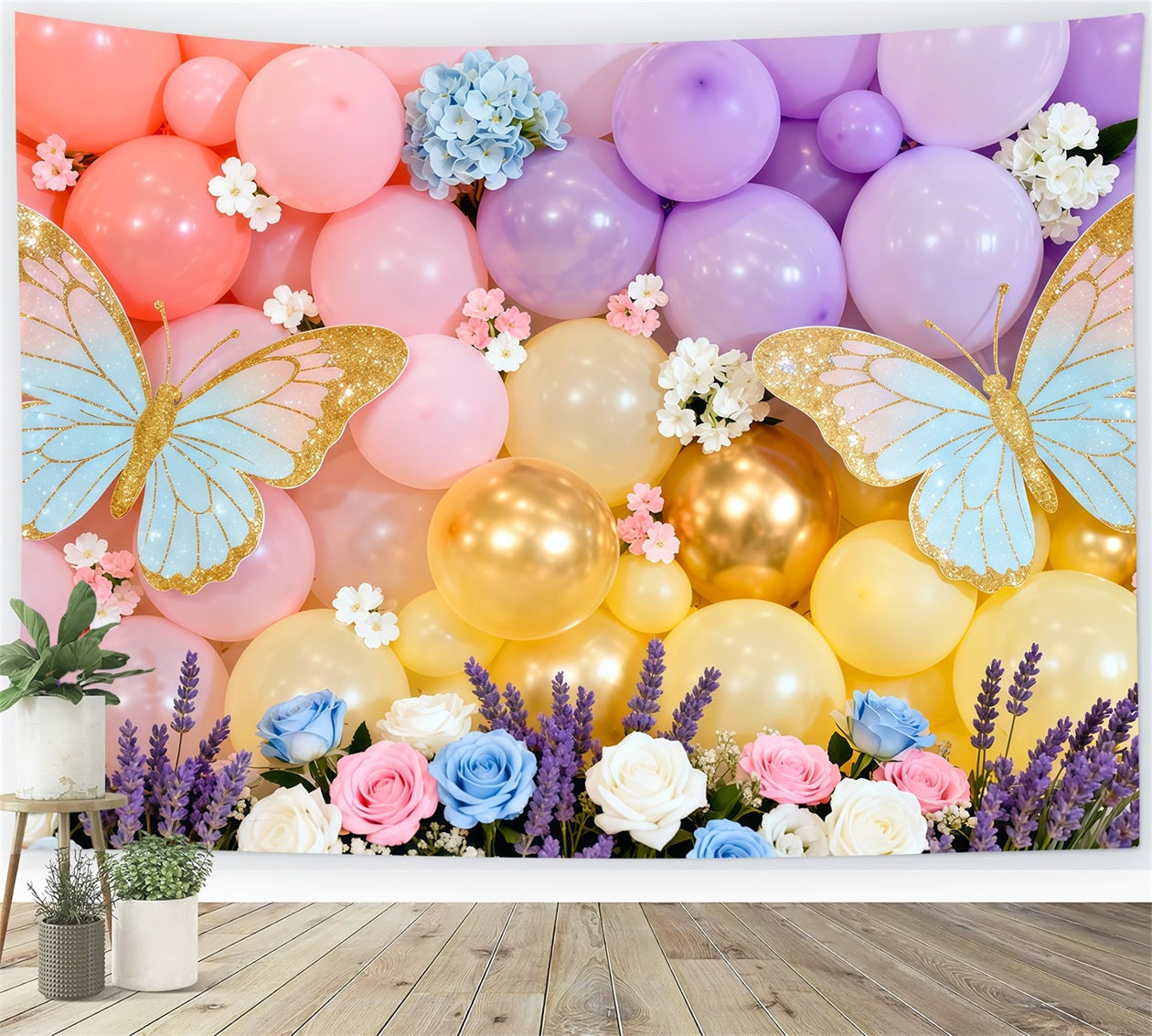Schmetterlingsflügel-Hintergrund Macaron-Ballonwand Blumen Frühlingsmotiv-Hintergrund LXX61-172